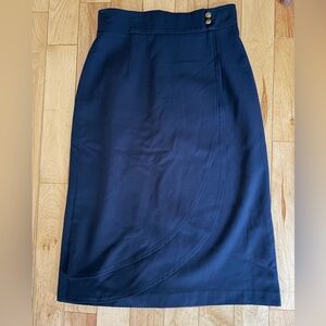 Pure Wool Vintage Navy Pencil Skirt with Curved Wrap Panel - Snatched Waist